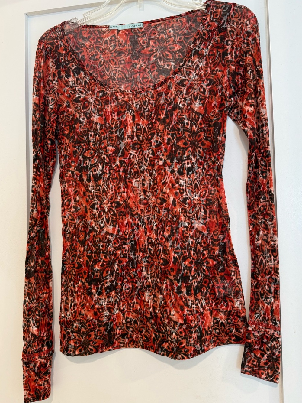 Maurices Red and Black Floral-Print Long Sleeve Scoop Top